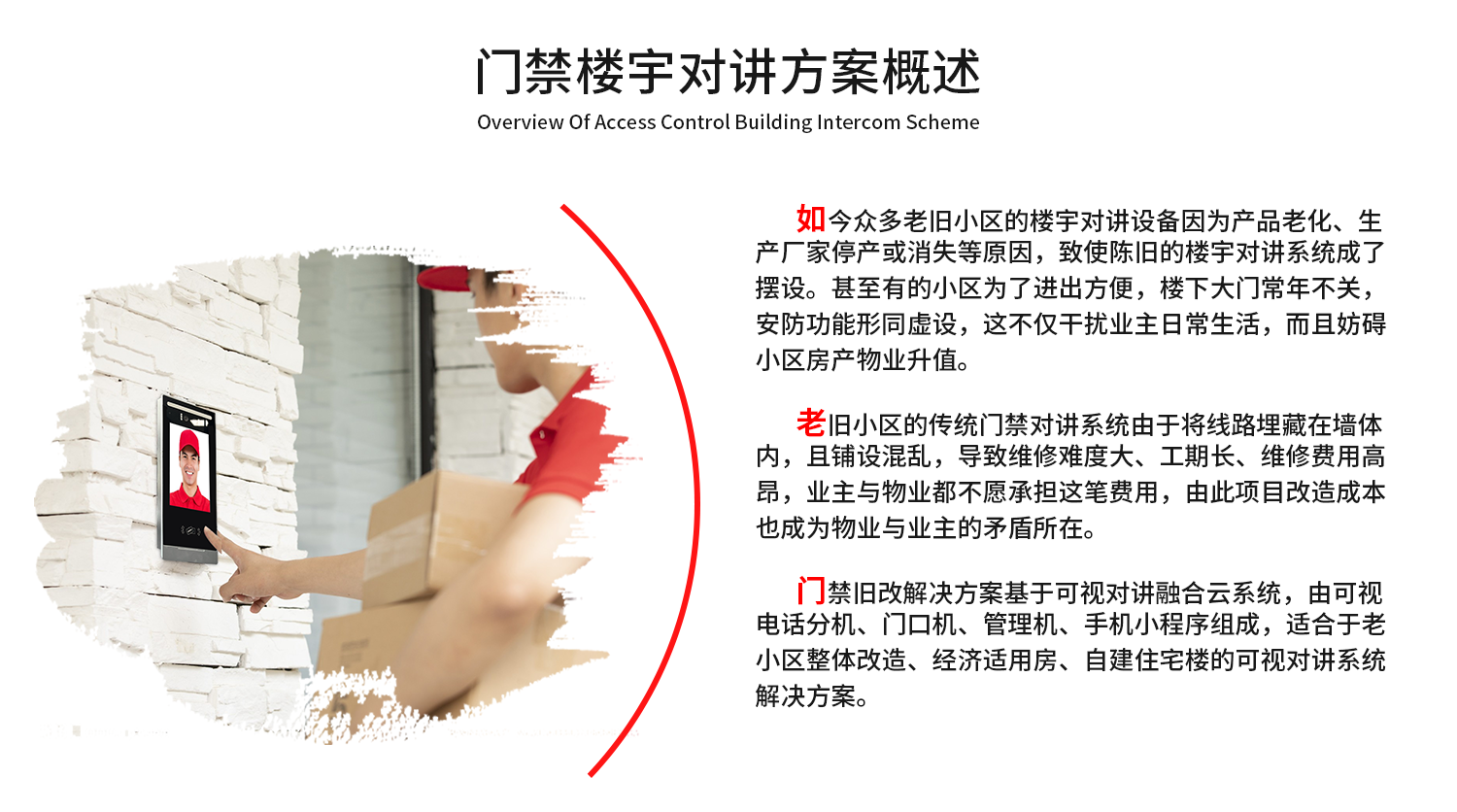 如今众多老旧小区的楼宇对讲设备因为产品老化、生产厂家停产或消失等原因，致使陈旧的楼宇对讲系统成了摆设。甚至有的小区为了进出方便，楼下大门常年不关，安防功能形同虚设，这不仅干扰业主日常生活，而且妨碍小区房产物业升值。老旧小区的传统门禁对讲系统由于将线路埋藏在墙体内，且铺设混乱，导致维修难度大、工期长、维修费用高昂，业主与物业都不愿承担这笔费用，由此项目改造成本也成为物业与业主的矛盾所在。
门禁旧改解决方案基于可视对讲融合云系统，由可视电话分机、门口机、管理机、手机小程序组成，适合于老小区整体改造、经济适用房、自建住宅楼的可视对讲系统解决方案。